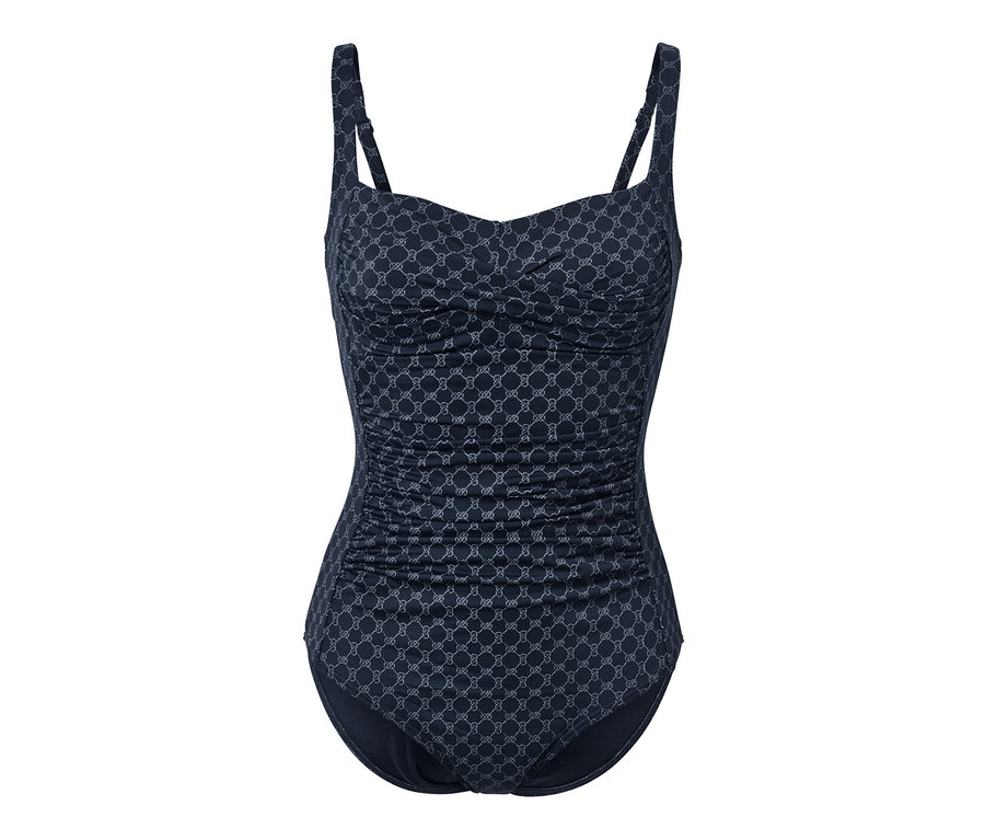 Figurformender Badeanzug, blau mit Alloverprint.