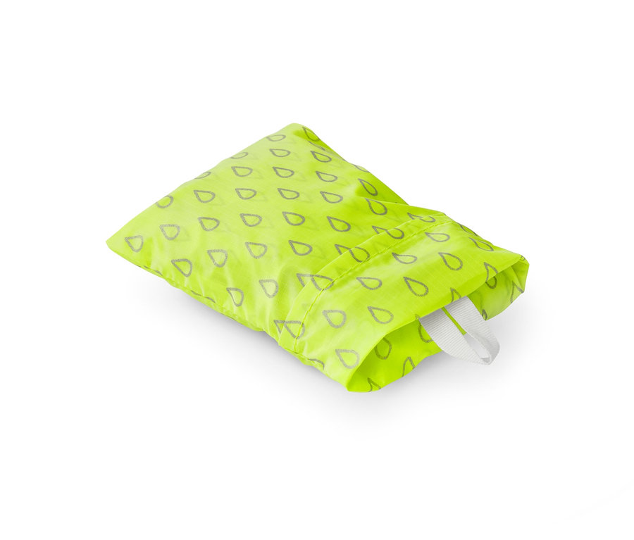 Gelbe Rucksack-Regenschutzhülle mit grauem Regentropfenmuster.