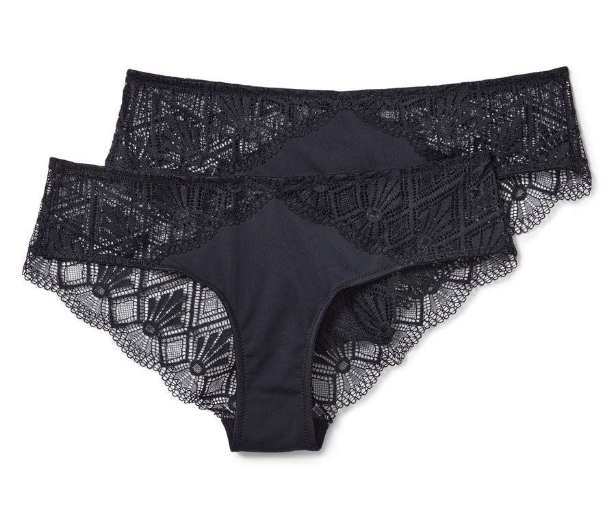 Zwei schwarze Brazilslips mit Spitze.