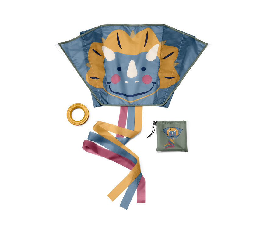 Blauer Taschendrachen mit Dinosauriergesicht, gelbem Kreis und Hülle.