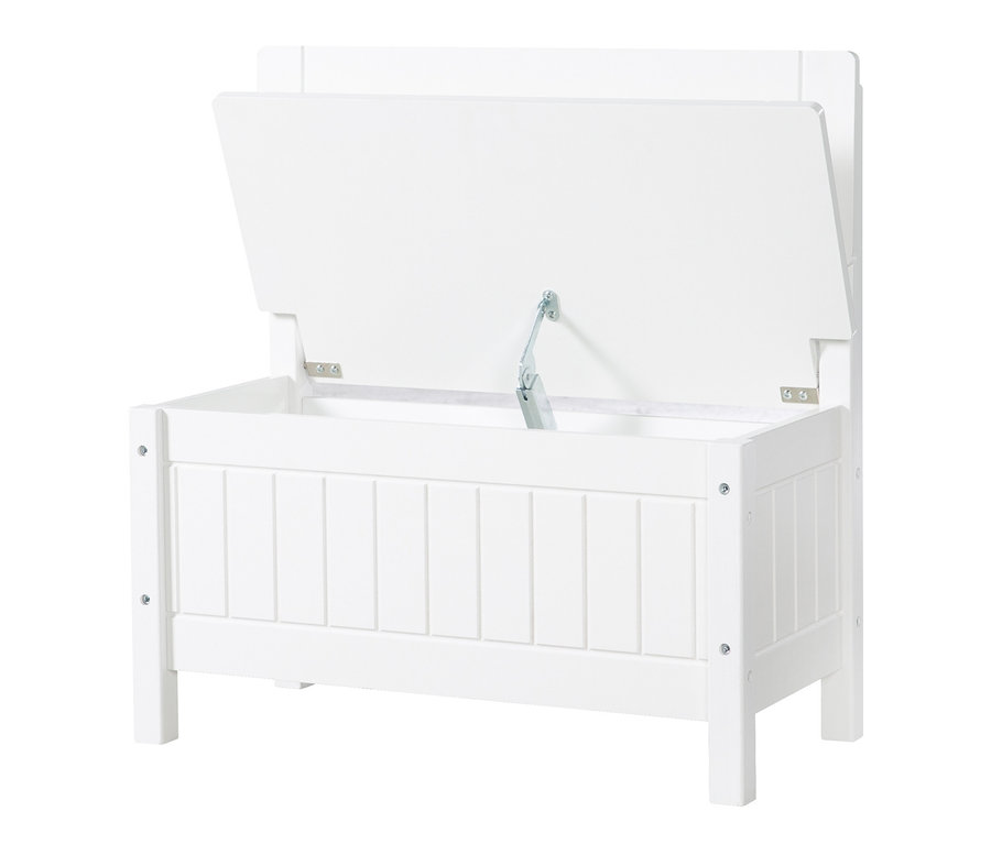 Geöffnete, weiße roba Kindertruhenbank.