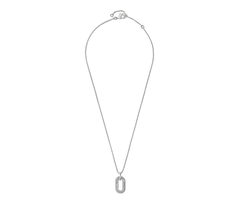 Eine silberne Kette Iconic Anhänger mit Kristallen auf einem weißen Hintergrund.