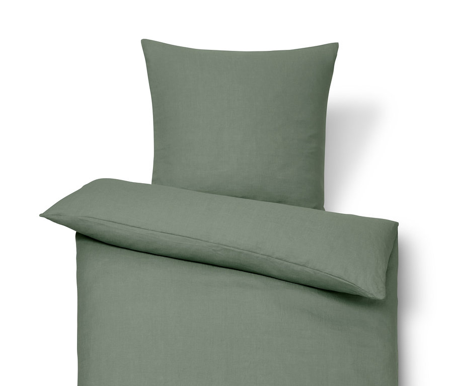 Grüne Leinen-Bettwäsche in Normalgröße und Übergröße.