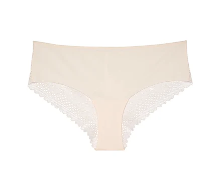 Ein Paar hautfarbene Slips mit weißer Spitze. Passionata Shorty »Pila«, talc.