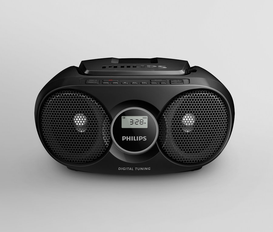 Schwarzer Philips CD-Boombox »AZ215« vor grauem Hintergrund.