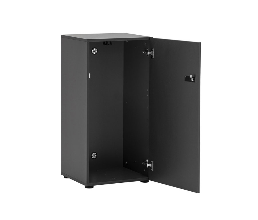 Anthrazitfarbener Spind »Locked« mit Zahlenschloss, mit geöffneter Tür.