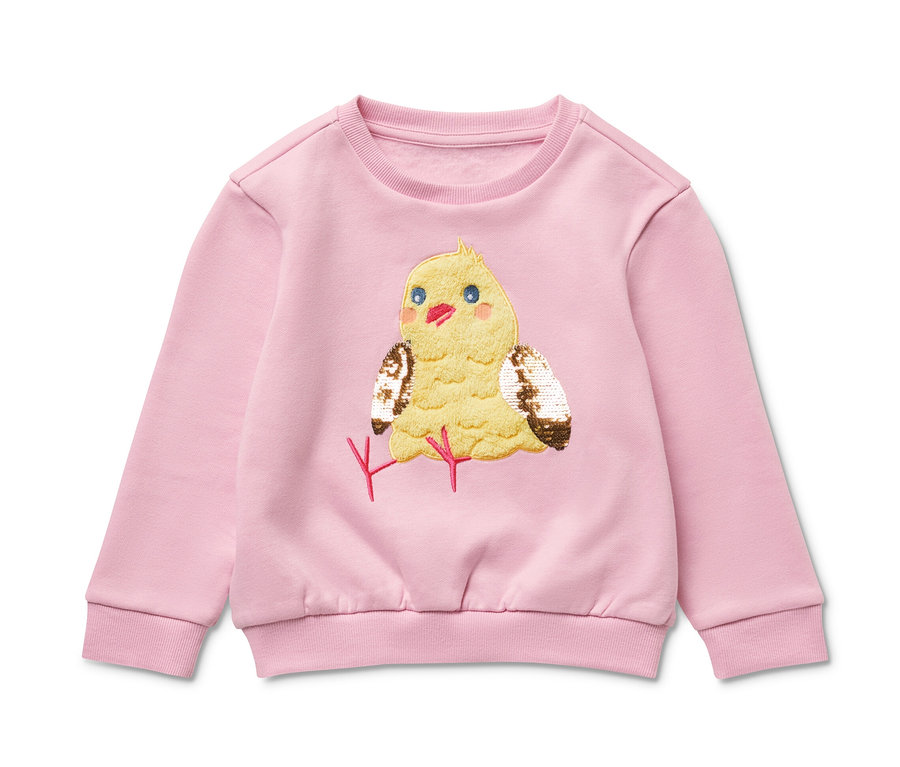 Rosa Kinder-Sweatshirt mit angerauter Innenseite und gelbem Küken-Applikation.