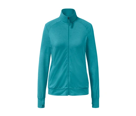 Türkise Funktionsjacke mit Reißverschluss.