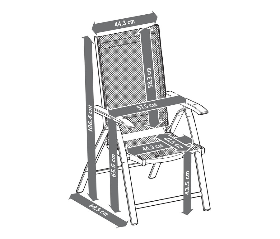Die Maße des Hochlehners "Liska" mit verstellbarer Rückenlehne sind mit Pfeilen dargestellt.