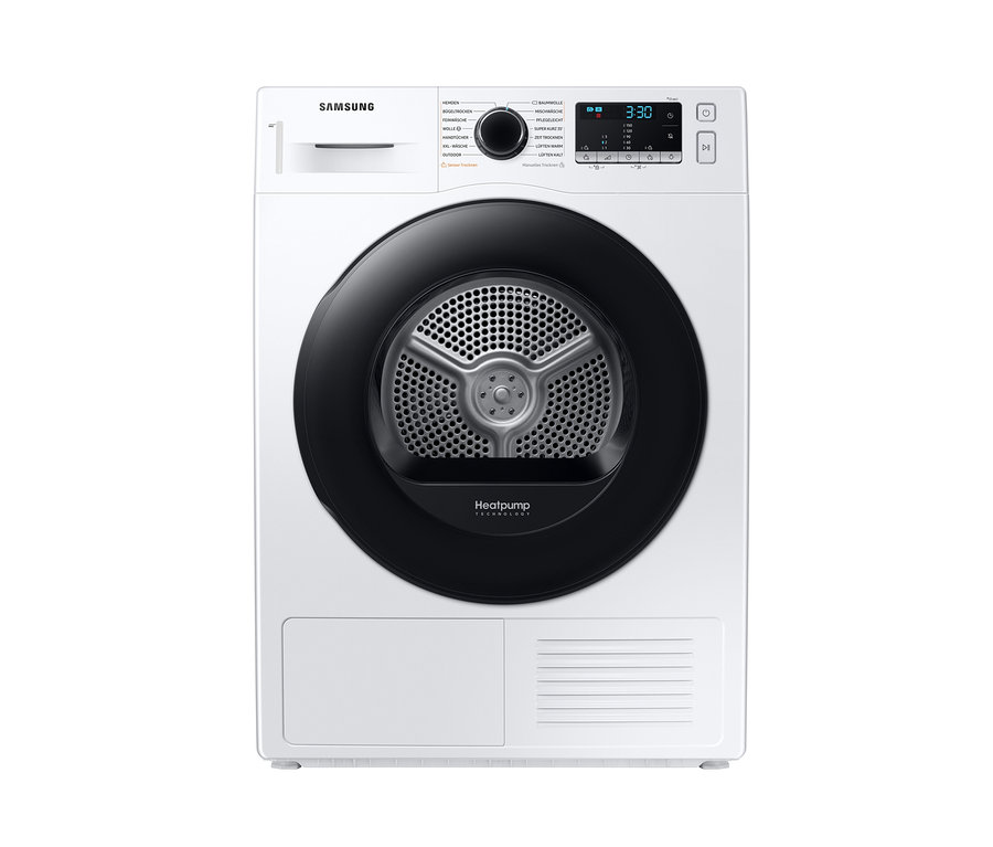 Detailansicht eines weißen Samsung Wärmepumpentrockners DV9ETA040AE/EG mit schwarzer Tür und Bedienfeld oben.