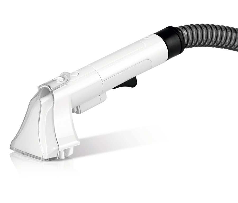 Detailansicht eines weißen Teppich- und Polsterreinigers mit transparentem Kopf und Schlauch. N8Werk Teppich-und-Polsterreiniger »3522«.