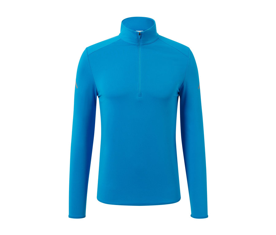 Detailansicht eines neonblauen Thermo-Funktionsshirts.