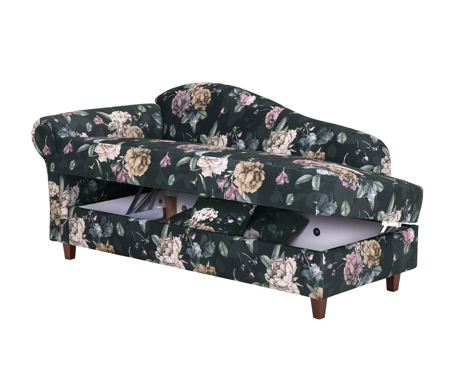 Eine blumengemusterte Recamiere »Evelyn«, links, mit Stauraum.