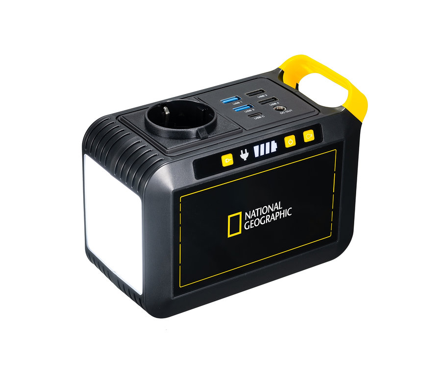 Schwarze und gelbe NATIONAL GEOGRAPHIC Mobile Power Station mit USB-, AC- und DC-Anschlüssen.