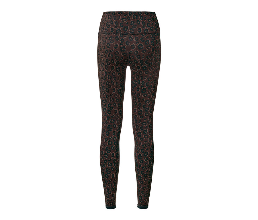 Detail einer Damen-Wende-Sporttight, schwarz-braun mit Leopardenmuster.