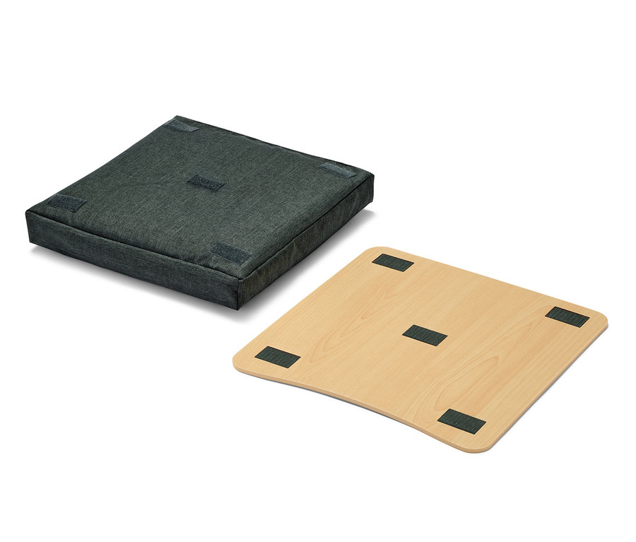 Grauer Laptoptisch mit Kniekissen und Holzplatte.