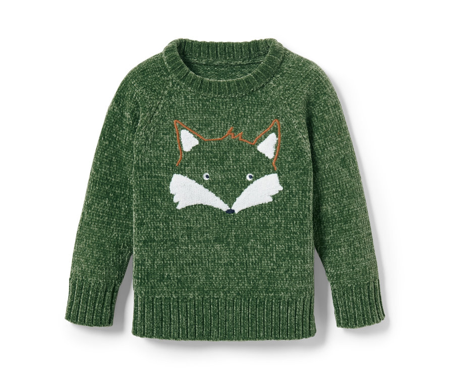Grüner Kleinkind-Chenille-Strickpullover mit Fuchsmotiv.