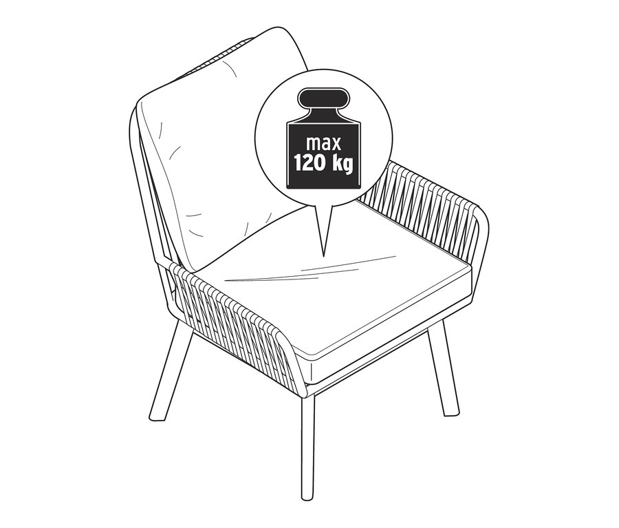 Schwarz-Weiß-Zeichnung eines Lounge-Dining-Sets mit Gewichtsbeschränkung von 120 kg.
