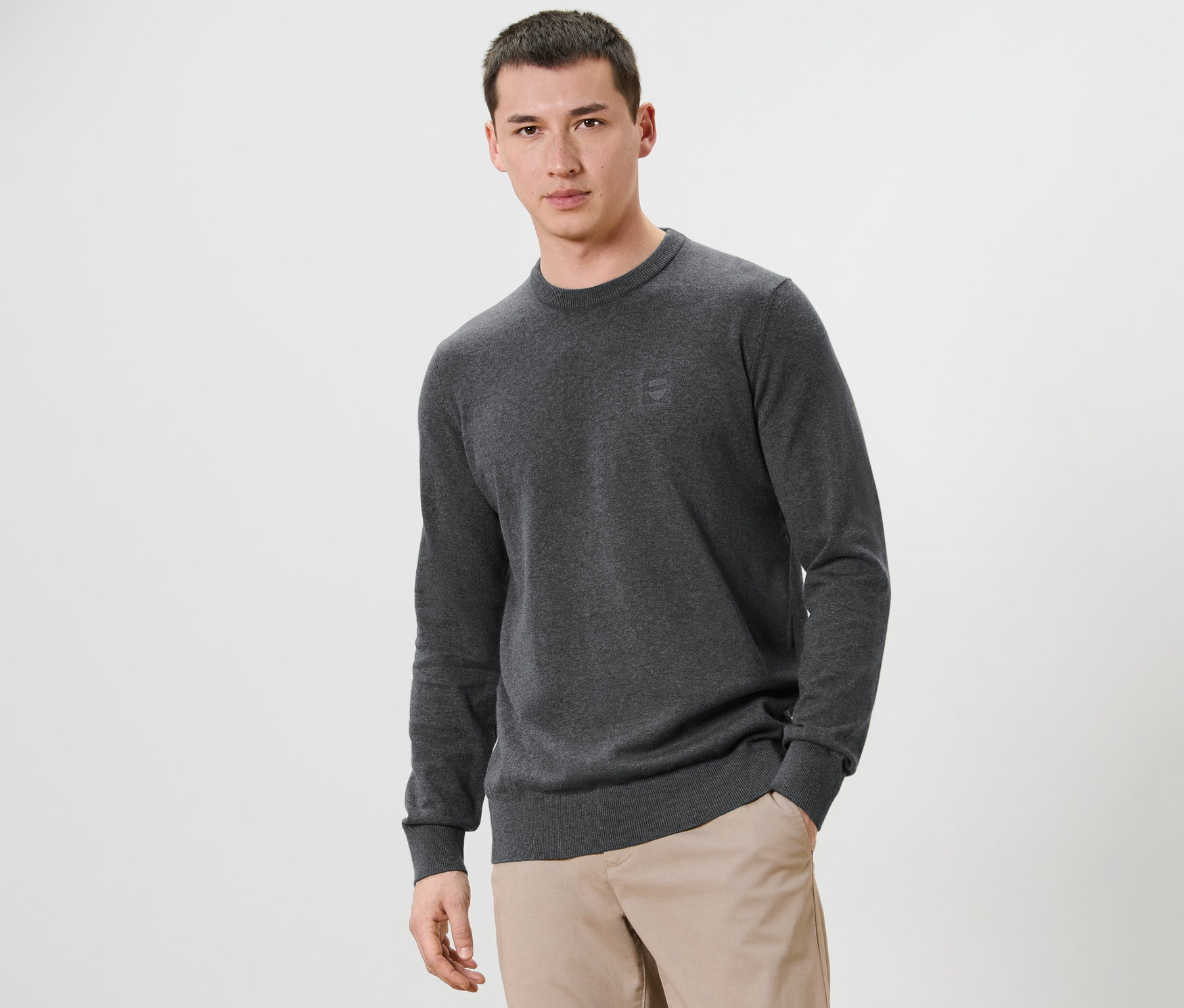 Mann posiert vor einem weißen Hintergrund und trägt einen grauen Pullover mit Rundhalsausschnitt und eine beige Hose.