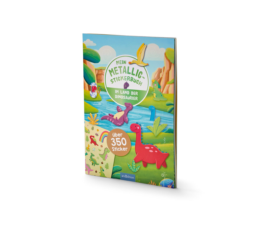 Nahaufnahme des Mein Metallic-Stickerbuch »Im Land der Dinosaurier«.