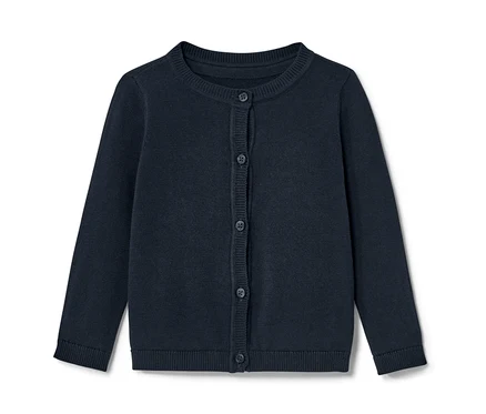 Blaue Kinder-Strickjacke mit Knöpfen.