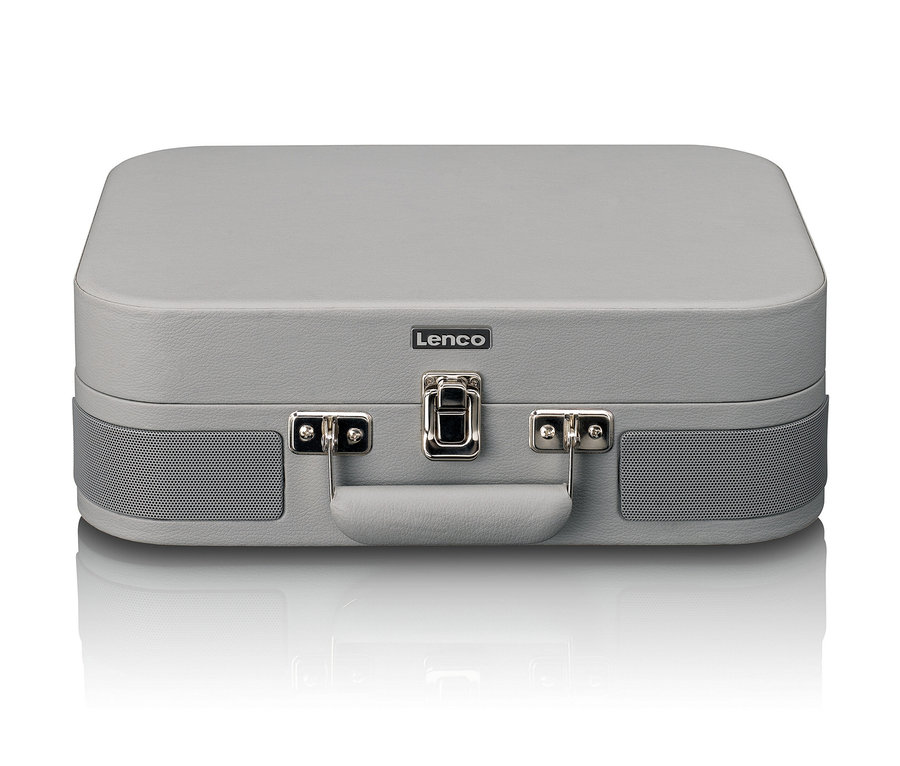 Grauer Lenco TT-116 Plattenspieler im Kofferdesign.