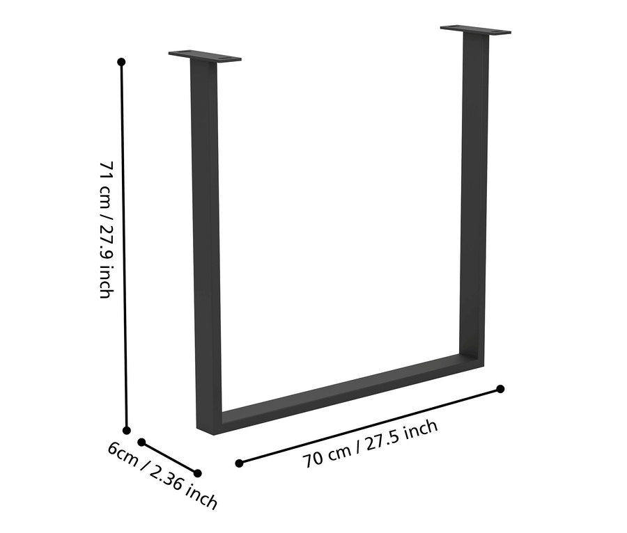 Schwarzer Metall-Tischrahmen mit den Maßen 71 cm Höhe, 70 cm Breite und 6 cm Dicke.