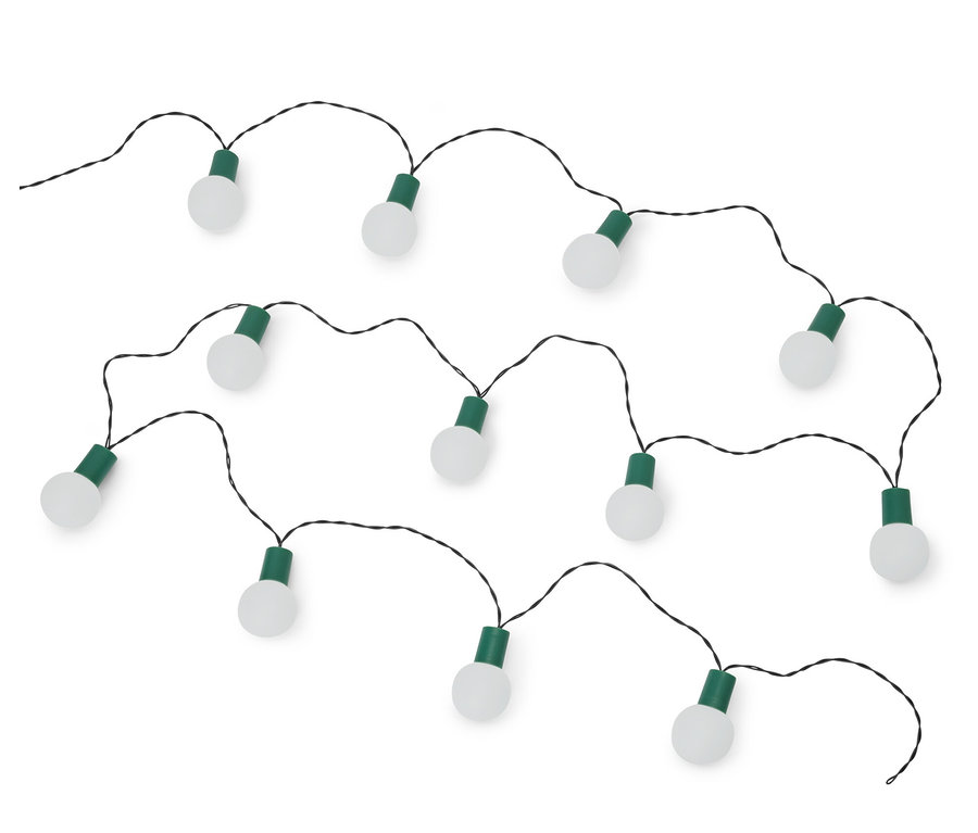 Eine LED-Lichterkette mit schwarzem Kabel, zehn weißen Glühbirnen und grünen Fassungen.