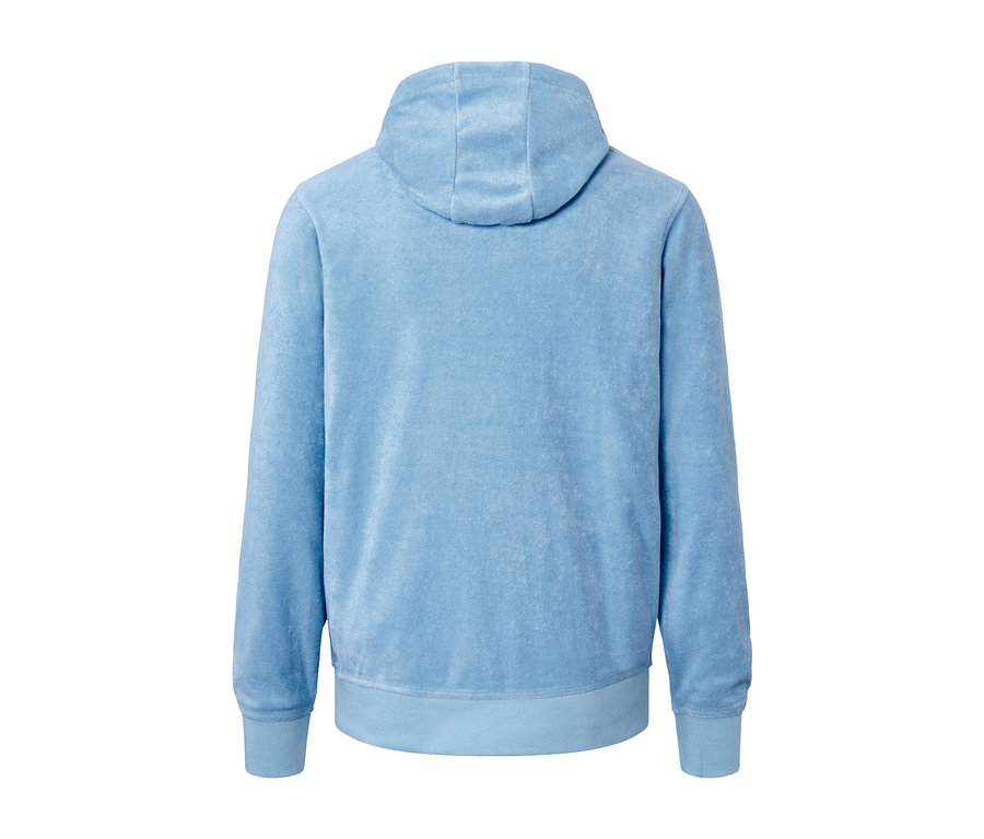 Rückansicht eines hellblauen Frottee-Hoodies.