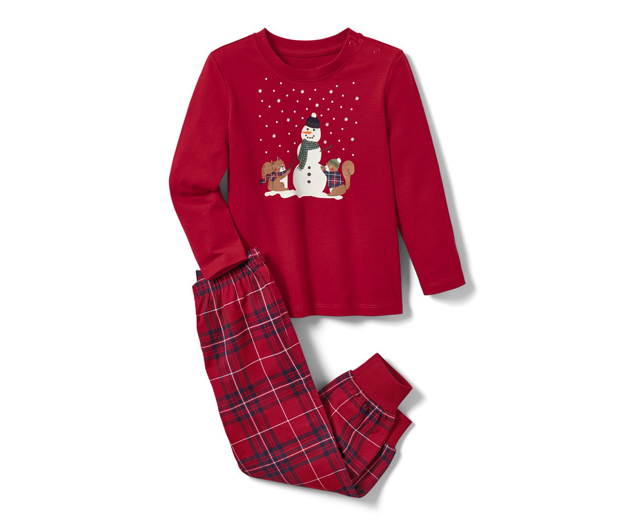 Roter Kleinkind-Jersey-Pyjama mit Schneemann- und Eichhörnchenmotiv.