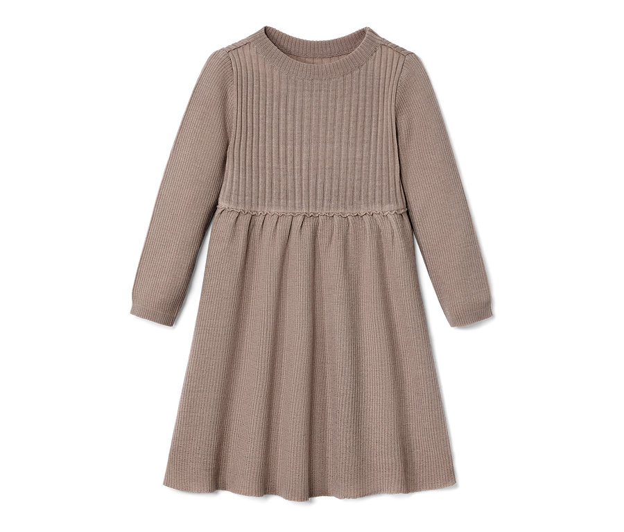 Ein hellbraunes Kleinkind-Merino-Strickkleid mit langen Ärmeln.
