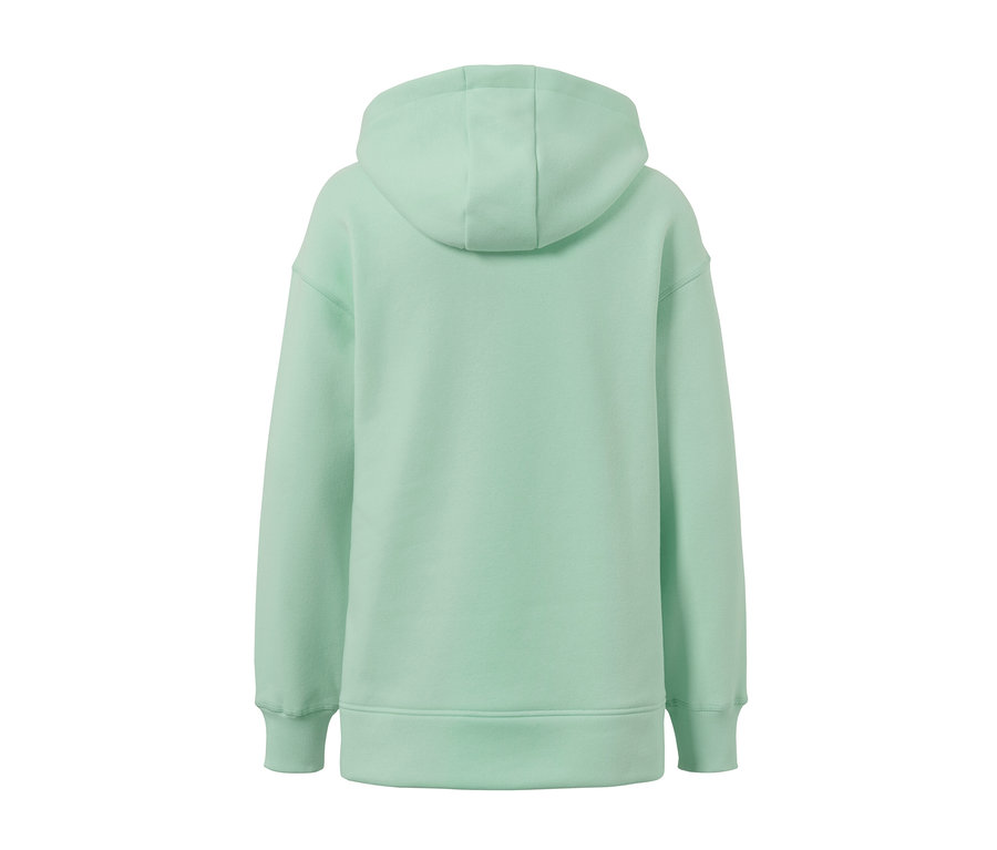 Rückansicht eines langen Kapuzensweatshirts in Hellgrün.