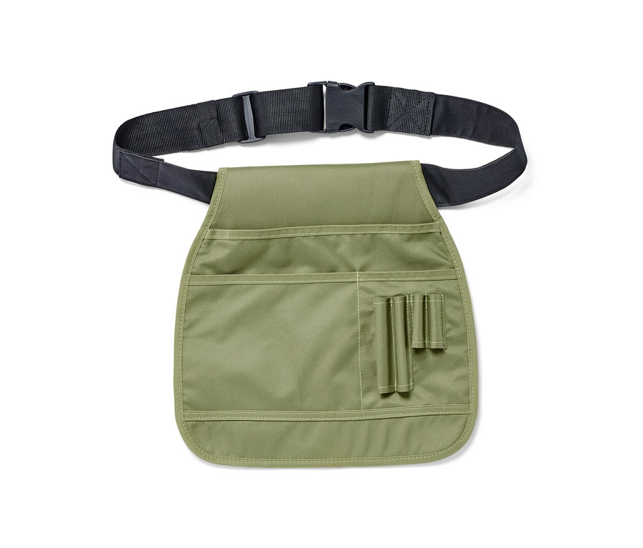 Ein grüner Gartenwerkzeug-Gürtel mit schwarzem Gurt.