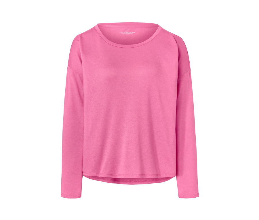 Ein pinkes 2-in-1-Sportshirt mit langen Ärmeln auf weißem Hintergrund.