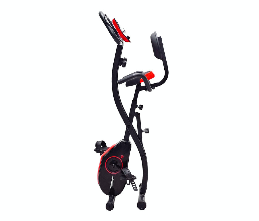 Ein schwarz-rotes S-Bike Heimtrainer vor einem weißen Hintergrund.