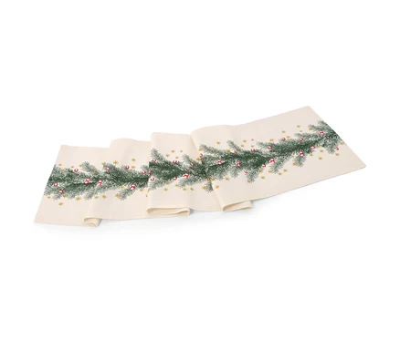 Tischläufer mit weihnachtlichem Print liegt auf einem weißen Hintergrund.