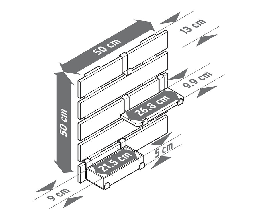 Wandregal mit flexiblen Haken und Boden mit Maßangaben.