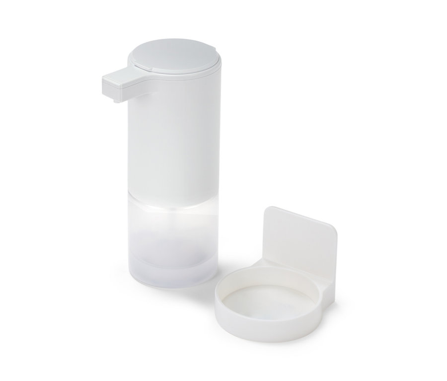 Weißer Seifenspender mit Sensor und Halterung.