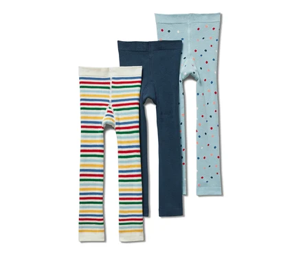 Drei Kinder-Thermoleggings: gestreift, blau und hellblau gepunktet.