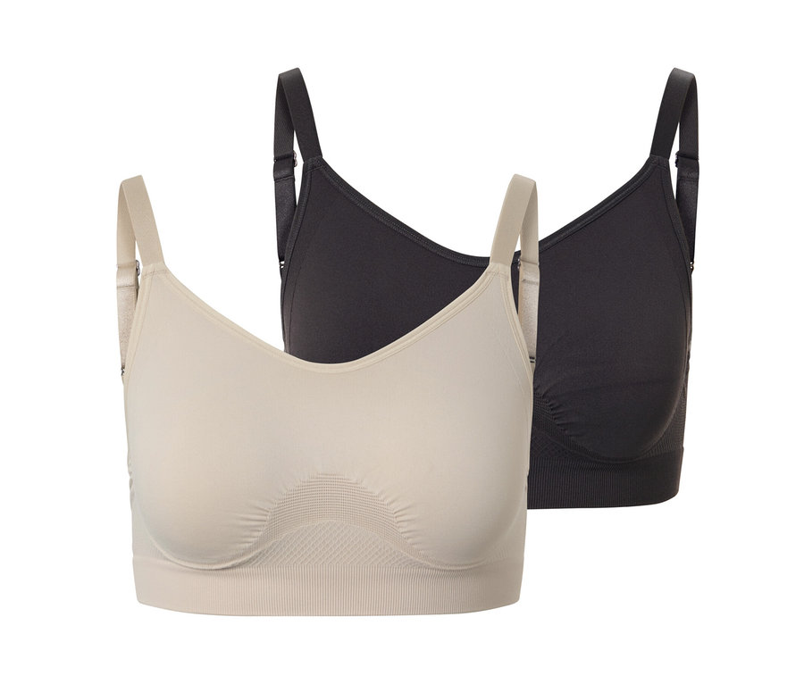 Zwei Seamless-Sport-BHs in Braun und Sand.