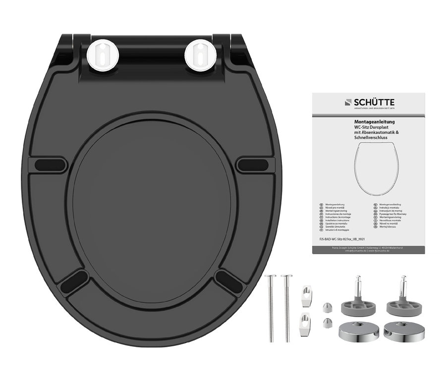 Schwarzer Duroplast WC-Sitz Slim Black mit Montageanleitung und Zubehör.