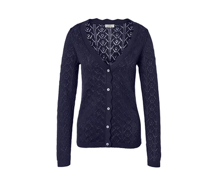 Dunkelblaue Strickjacke mit Ajour-Muster und Knöpfen.