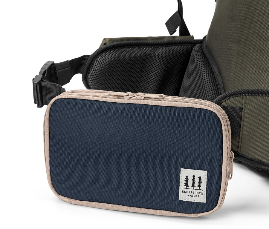 Detail einer Multifunktions-Tasche, die an einem Rucksack befestigt ist.