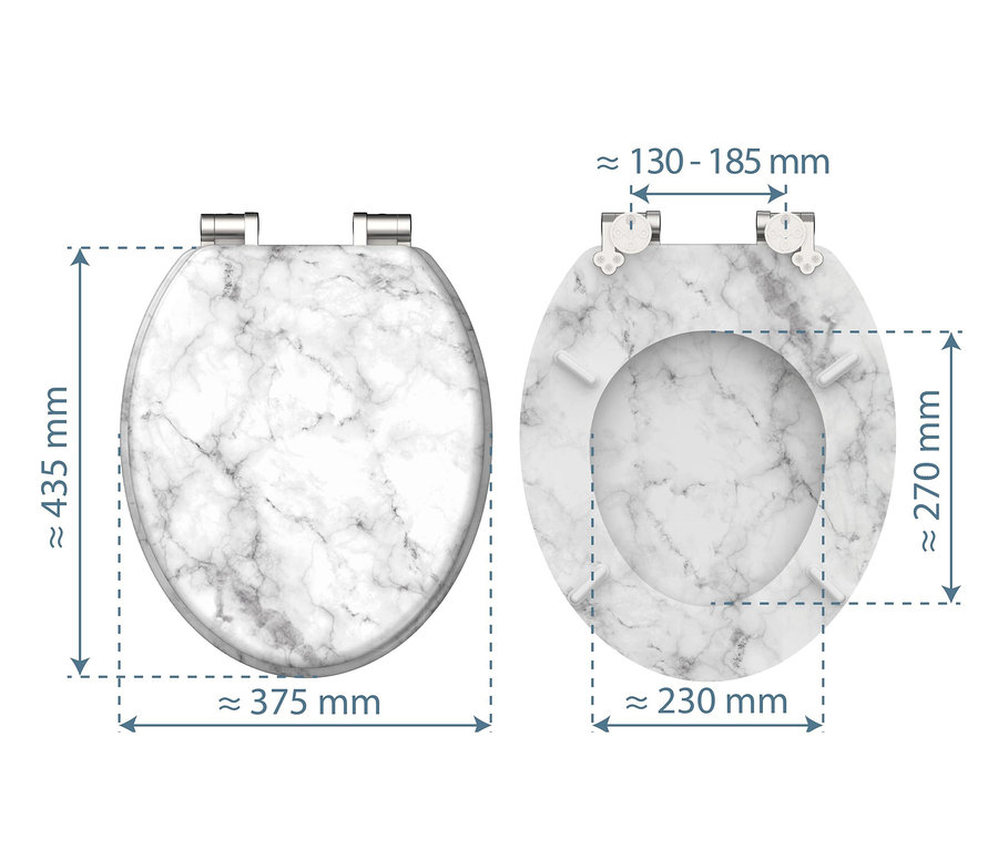 Zwei Ansichten des SCHÜTTE MDF-WC-Sitzes »MARMOR STONE« mit Marmormuster und Maßangaben.