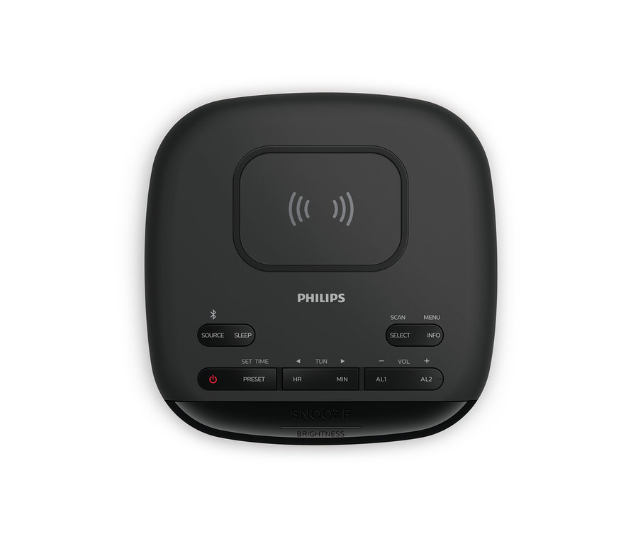 Schwarzer Philips DAB-Radiowecker TAR7705 mit Bedienelementen.