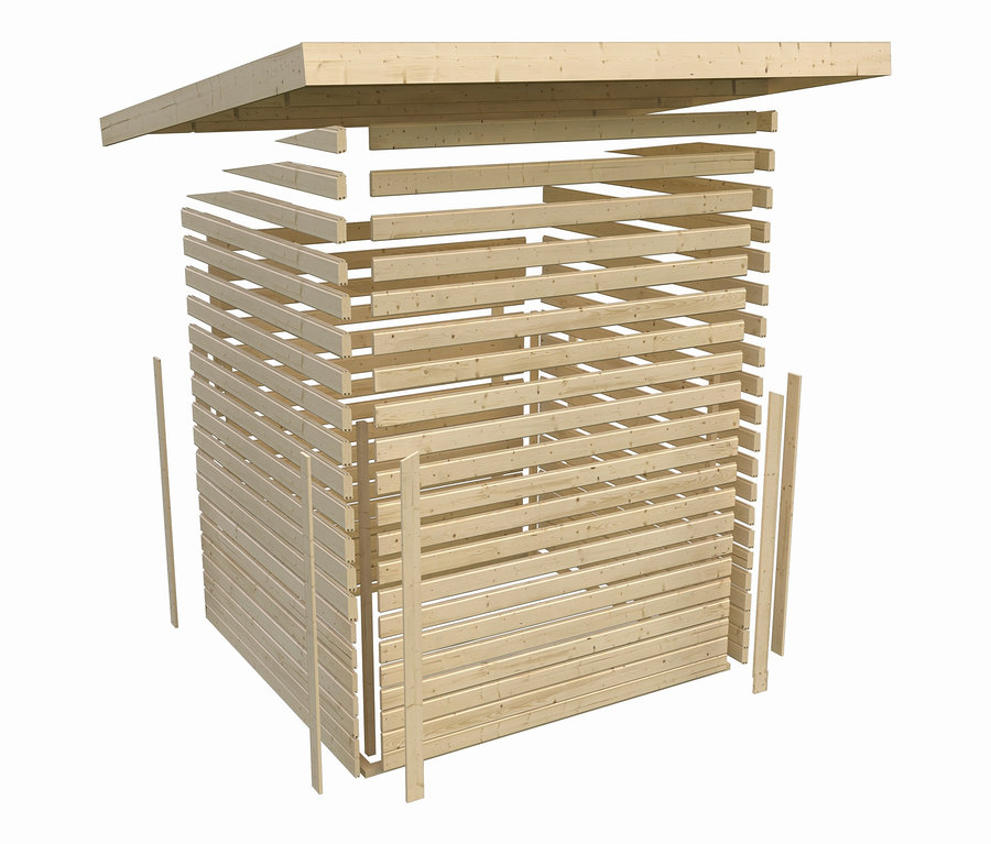 Teilweise aufgebautes Karibu Saunahaus mit Holzlamellen und Dach.