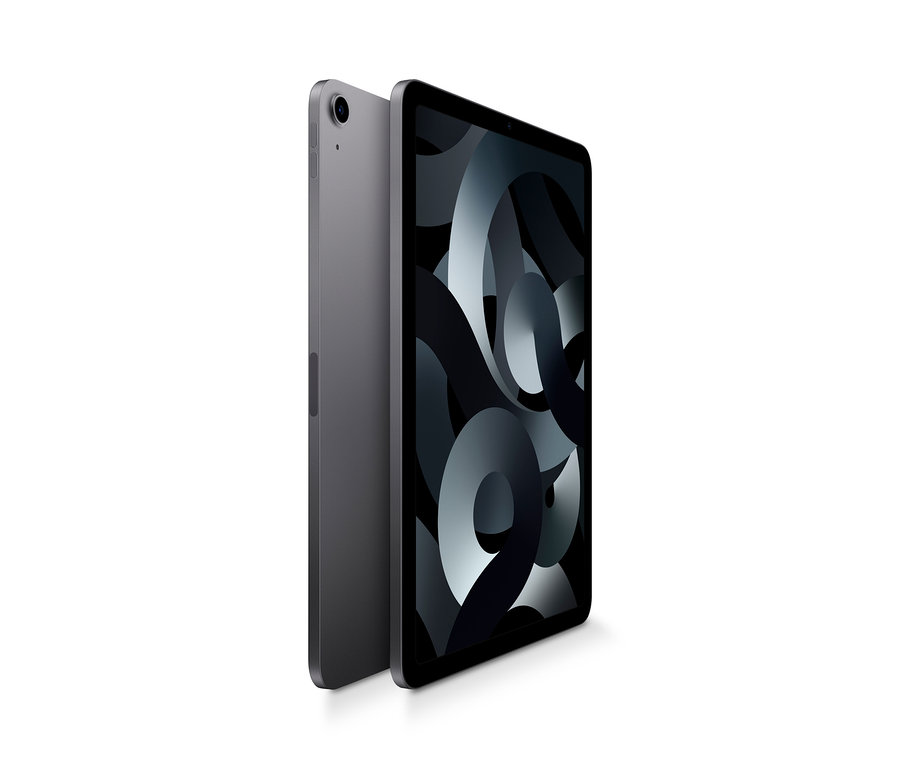Zwei spacegraue Apple iPad Air 2022 Wi-Fi 256 GB Tablets vor weißem Hintergrund.