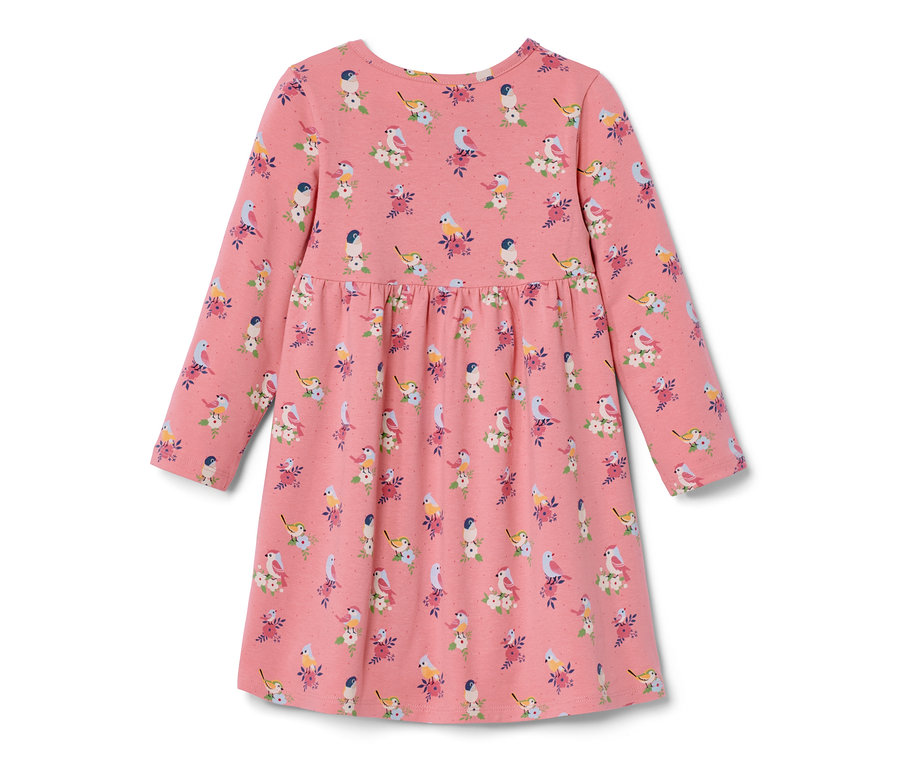 Rosa Kleinkind-Jerseykleid mit Vogel- und Blumenmuster.