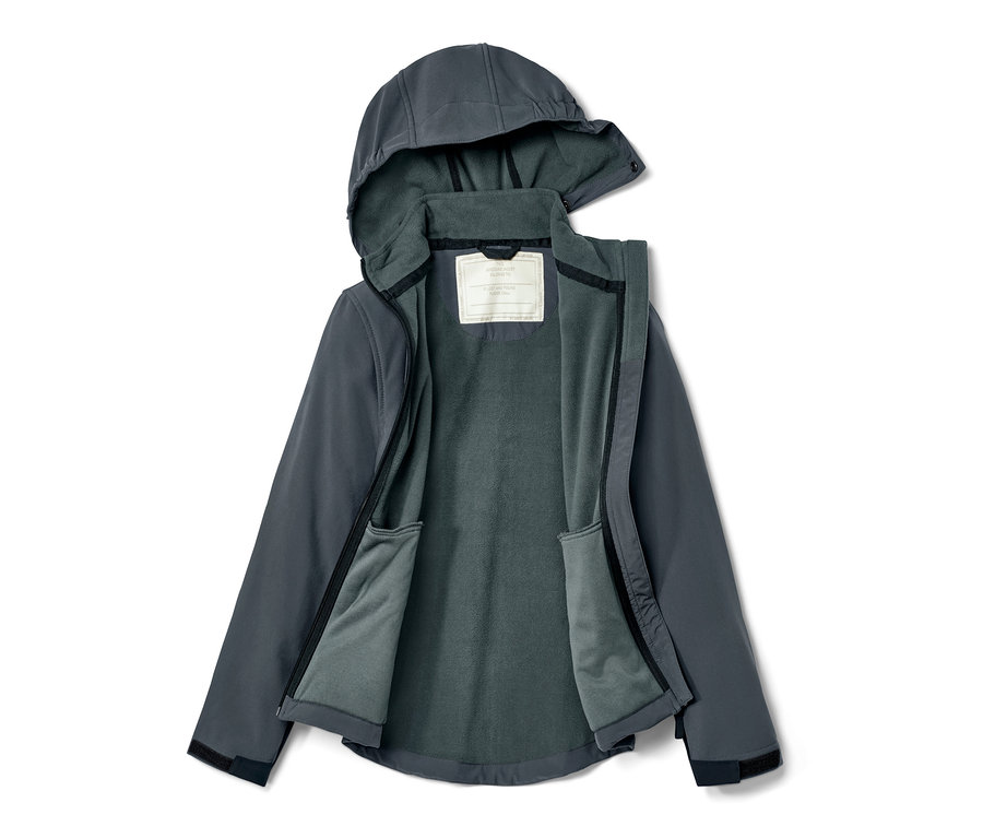 Geöffnete Kinder-Softshelljacke in Grau mit Kapuze.