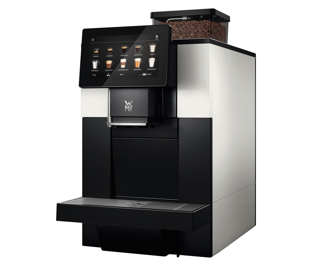 Schwarz-silberne Kaffeemaschine mit Touchscreen und Bohnenbehälter. Zu sehen ist der Profi-Kaffeevollautomat »WMF 950 S«.